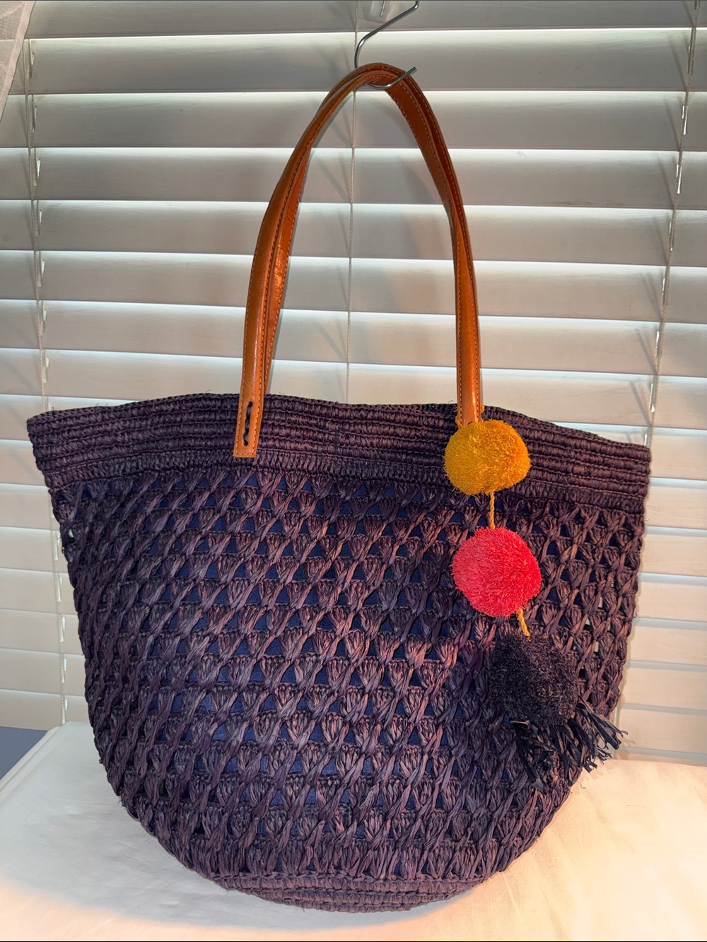 mar y sol Navy Woven Tote with Leather Tan Handles and Colorful Pom-Poms